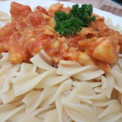Fish Fillet Shakshuka Style with Pasta A picture of Fish Fillet Shakshuka Style with Pasta.