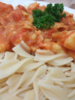 A picture of Fish Fillet Shakshuka Style with Pasta.