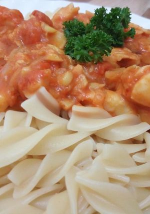 A picture of Fish Fillet Shakshuka Style with Pasta.