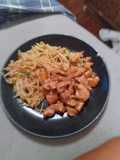 Garlic cheese pasta with pork, ham and vegetables