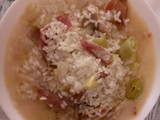 Sopa de arroz con jamón y puerros