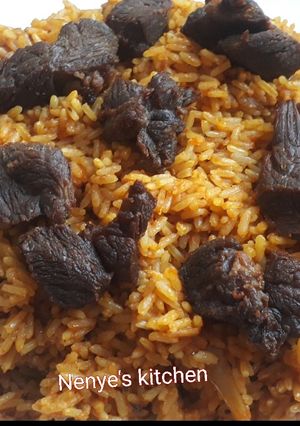 A picture of Beef jollof Rice.