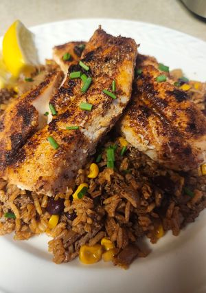 A picture of Brad's Blackened Rockfish with Dirty Rice.