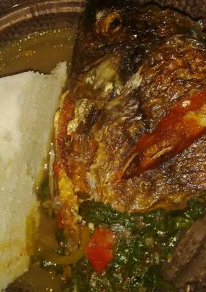 A picture of Ugali,Fish and Fried Kales.