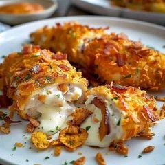 A picture of Cream cheese and bacon stuffed Doritos chicken.