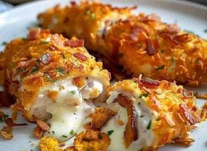 A picture of Cream cheese and bacon stuffed Doritos chicken.