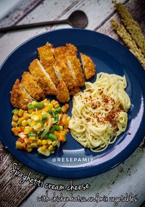 Foto resep Spaghetti Cream Cheese with Chicken Katsu and Mix Vegetables