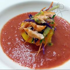 A picture of Gazpacho With Peach And Salmon Salad.