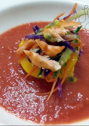 A picture of Gazpacho With Peach And Salmon Salad.