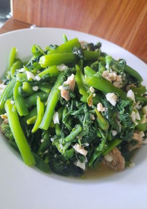 Hình của món Ngọn bí, nụ bí xào tóp mỡ.
