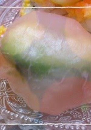 A picture of Cured Ham and Avocado Sushi Balls, Hand-Rolled Style.