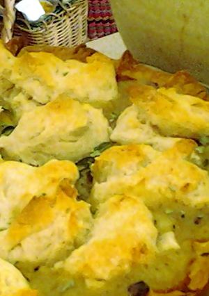 A picture of Debs Chicken Pot pie with Dumpling topping.
