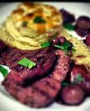 Rump Steak with wholegrain mustard dauphinoise, onion thyme puree and bourguignon sauce