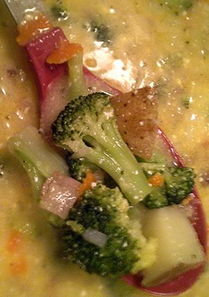 A picture of broccoli potato cheddar soup.