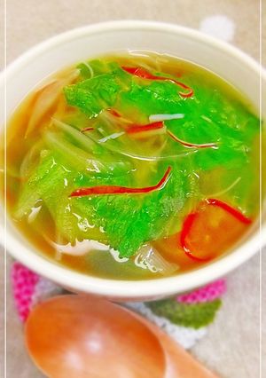 A picture of Lettuce and Crabstick Ginger Soup.