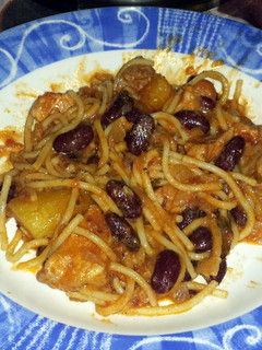 A picture of Pork and Spaghetti in Tomato Sauce.