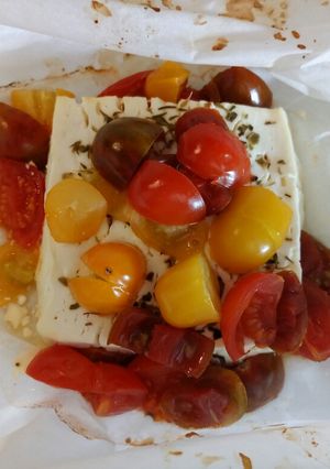 A picture of Baked feta & rainbow tomatoes.
