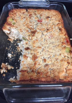 A picture of My mom’s cornbread dressing, almost.