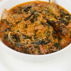 A picture of Groundnut soup with bitter leaf and Yakuwa.
