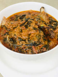 A picture of Groundnut soup with bitter leaf and Yakuwa.