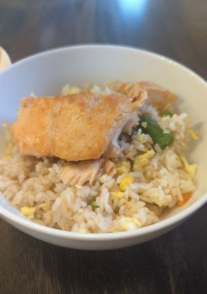 A picture of Fried Rice with Glazed Salmon.