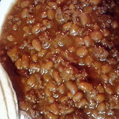 A picture of Pork and beans with hamburger.