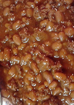 A picture of Pork and beans with hamburger.