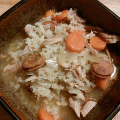 A picture of Chicken rice soup Portuguese style.