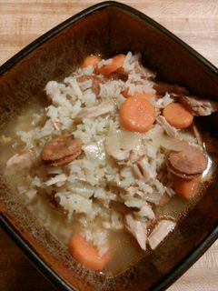 A picture of Chicken rice soup Portuguese style.