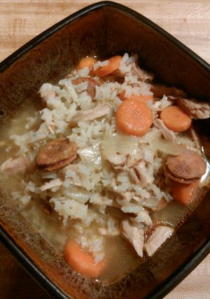 A picture of Chicken rice soup Portuguese style.
