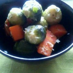 A picture of Brussels Sprout and Carrots Simmered in Olive Oil.