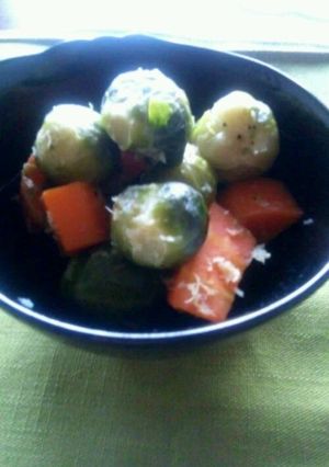 A picture of Brussels Sprout and Carrots Simmered in Olive Oil.