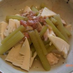 A picture of Simmered Bamboo Shoot & Fuki Topped with Umeboshi.