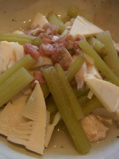A picture of Simmered Bamboo Shoot & Fuki Topped with Umeboshi.