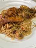 Pasta pelo de ángel con camarones a la sonorense