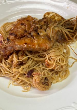 Una foto de Pasta pelo de ángel con camarones a la sonorense