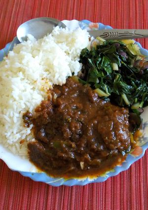 A picture of Rice, spinach and liver. #localfoodcontest_mombasa.