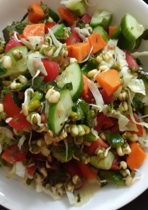 ફણગાવેલા મગ અને વેજીટેબલ સલાડ (Fangavela Moong Vegetable Salad Recipe In Gujarati) રેસીપી મુખ્ય ફોટો