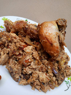 A picture of Overleft chicken in egg sauce.