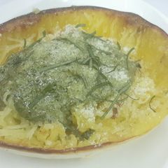 A picture of Spaghetti squash with Pesto Sauce.