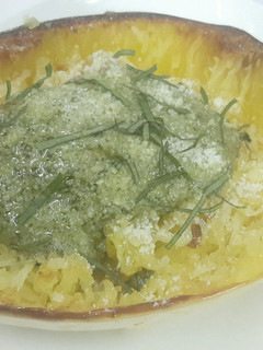 A picture of Spaghetti squash with Pesto Sauce.