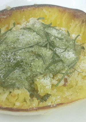 A picture of Spaghetti squash with Pesto Sauce.
