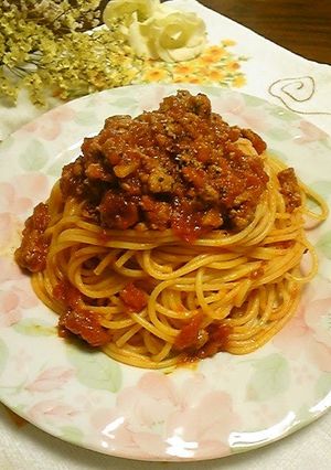 A picture of For Dinner♪ Mild Ground Pork Tomato Pasta.