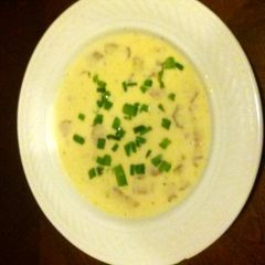 A picture of bacon beer cheese soup.