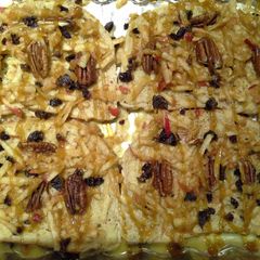 A picture of Apple, raisin, pecan, caramel baked french toast.