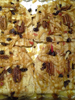 A picture of Apple, raisin, pecan, caramel baked french toast.
