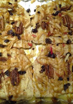 A picture of Apple, raisin, pecan, caramel baked french toast.