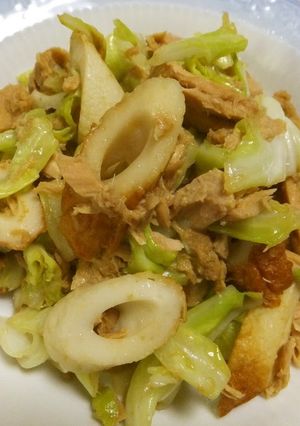 A picture of Cabbage, Tuna, and Chikuwa Fish Paste Sticks Stir-fry.
