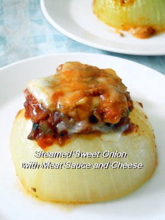 A picture of Microwave Steamed Sweet Onions with Meat and Cheese.