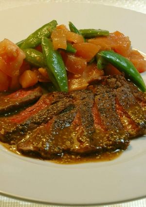 A picture of Beef Steak with Mustard Sauce Salad.